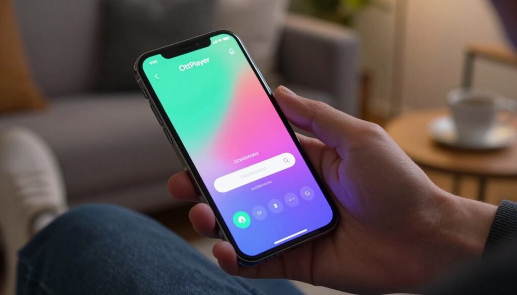 A close-up view of a smartphone displaying the login screen of the OttPlayer app. The phone is held by a hand wearing a smart casual outfit, with a clear ergonomic design showcasing the app interface in vibrant colors. Soft, focused lighting enhances the modern technology feel, with the background blurred slightly to emphasize the phone. In the background, a cozy indoor setting suggests a home environment, featuring a stylish couch and a side table with a coffee cup. The overall mood is relaxed and professional, invoking a sense of ease in navigating the app. Use a slight upward angle to create an inviting perspective that highlights the app interface prominently.
