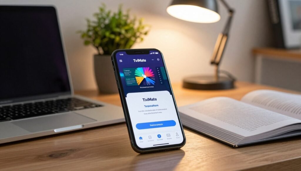 A cozy home office setup with a smartphone displaying the TiviMate app installation screen prominently in the foreground. Surrounding the phone, a modern laptop and an open guidebook provide context for the installation process. The background features a softly lit room with a potted plant and a stylish desk lamp, creating a warm, inviting atmosphere. Bright, focused lighting highlights the smartphone's screen, emphasizing the TiviMate interface. The angle is slightly elevated, showcasing both the phone and the guidebook, inviting viewers to engage with the installation process. Overall, the scene conveys a sense of productivity and tech-savvy efficiency.