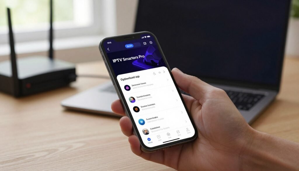 A detailed scene depicting the optimalisatie app-instellingen for IPTV Smarters Pro on a smartphone screen. The foreground features a hand holding a modern smartphone, showcasing the app's user-friendly interface with various settings highlighted clearly. In the middle ground, a sleek workspace with a laptop, internet router, and cables indicates a tech-savvy environment. The background includes softly blurred elements like a bright window with natural light filtering in, enhancing a warm and inviting atmosphere. The scene is illuminated with soft, even lighting, creating a professional and organized mood. Capture the focus on the smartphone while maintaining a tidy and contemporary aesthetic, avoiding any distractions or excessive details surrounding the main subject.