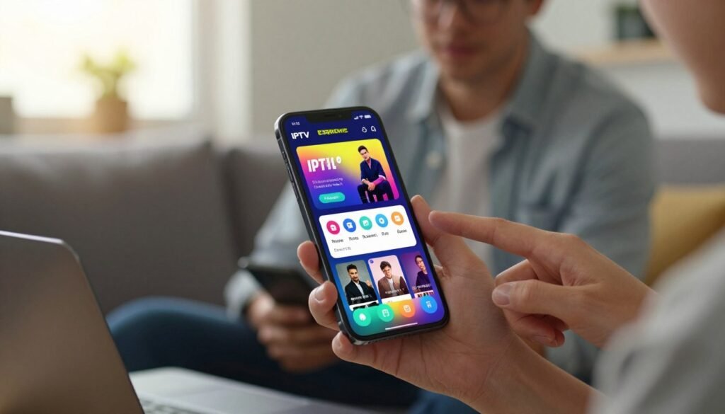 A modern Android smartphone displaying the IPTV Extreme app interface prominently in the foreground. The phone screen showcases vibrant visuals of streaming content, with a user-friendly menu and colorful icons. In the middle ground, an individual in casual yet professional attire, focused and engaged, holds the smartphone and points towards it, illustrating the installation process. The background consists of a cozy living room setting, with soft natural lighting coming through a window, casting a warm glow. The atmosphere conveys a sense of ease and accessibility, inviting viewers to explore the steps of installation. The composition should be clear and organized, capturing both the technology and the process effectively.