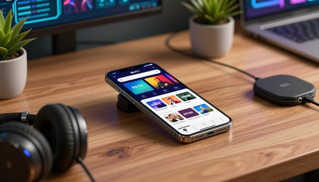 A modern Android smartphone displaying the SS IPTV application on its screen, set on a sleek wooden desk. In the foreground, include a few tech accessories such as headphones, a wireless charger, and a small potted plant to add a touch of life. The middle ground features the smartphone with its vibrant interface showcasing IPTV channels, while a subtle reflection can be seen on the polished surface of the desk. In the background, softly blurred, there are abstract digital elements representing streaming and technology, creating an engaging atmosphere. Utilize warm, natural lighting to give the image a cozy yet tech-savvy feel, with a focus on the smartphone’s screen and details, shot from a slightly elevated angle for a dynamic perspective.