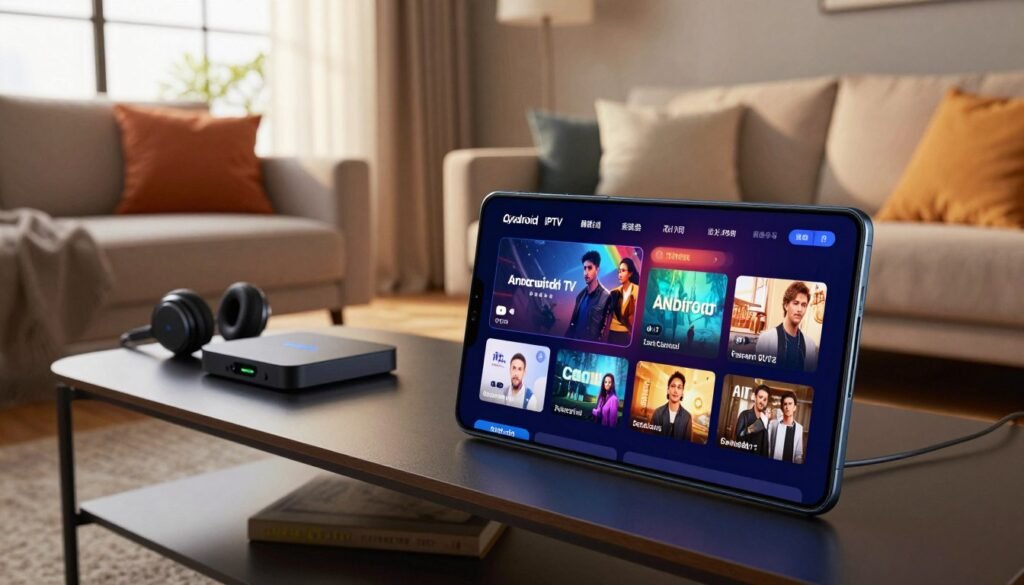 A modern living room with a sleek Android smartphone in the foreground, displaying a vibrant IPTV streaming interface showcasing various channels and content. In the middle ground, a stylish coffee table holds a small Android TV box and headphones, emphasizing the technology aspect. Soft ambient lighting creates a warm atmosphere, with sunlight streaming through a large window in the background, highlighting a cozy sofa with colorful cushions. The scene should convey a sense of comfort and convenience, illustrating the advantages of Android for IPTV streaming. Use a wide-angle lens to capture the entire setup, focusing on the smartphone's screen to draw attention to the IPTV interface. The overall mood should feel inviting and innovative.