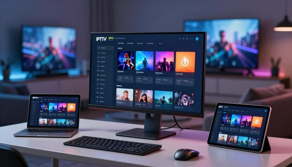 A modern, sleek digital workspace showcasing IPTV playlists integration. In the foreground, display a high-resolution monitor with a user-friendly IPTV interface featuring colorful playlist icons and categories. Next to the monitor, include a tablet displaying the same interface, suggesting cross-device compatibility. In the middle ground, show a well-organized desk with a laptop, notepads, and digital tools, all illuminated by soft, ambient lighting that creates a professional yet inviting atmosphere. The background features a blurred image of a high-tech living room equipped with a smart TV, hinting at IPTV content consumption in a home setting. The overall mood should be modern and tech-savvy, emphasizing innovation and connectivity in IPTV services.