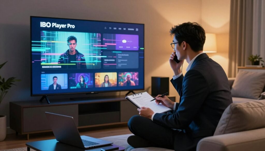 A focused scene depicting a sleek modern living room featuring a large smart TV displaying the IBO Player Pro interface. In the foreground, a professional-looking technician, dressed in smart business attire, is sitting cross-legged on a plush sofa, intently troubleshooting the TV while surrounded by tools such as a laptop and a notepad with troubleshooting tips. In the middle ground, the TV screen shows a glitchy video stream, with pixelation and distortion effects. The background features warm ambient lighting with soft shadows, creating a cozy, tech-savvy atmosphere. The overall mood is one of concentration and problem-solving, emphasizing the theme of resolving common glitches in the viewing experience.